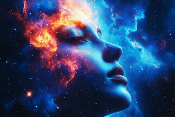 Ethereal portrait of a woman with a vibrant nebula and swirling galaxies within her face. A surreal cosmic scene, capturing the beauty and mystery of the universe