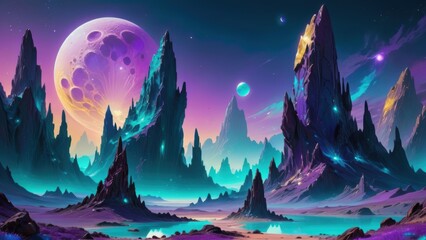 Alien landscape with glowing mountains, colorful skies, and vibrant extraterrestrial moons reflected in surreal lakes.