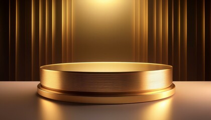 Golden cylindrical platform against a backdrop of vertical gold lines. Luxurious and elegant.