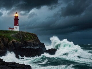 A lighthouse standing strong in the midst of a stormy sea, waves crashing against its base, symbolizing resilience and guiding light in rough waters