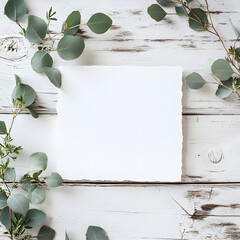 wedding invitation card mockup with natural eucalyptus and white gypsophila plant, on wooden background