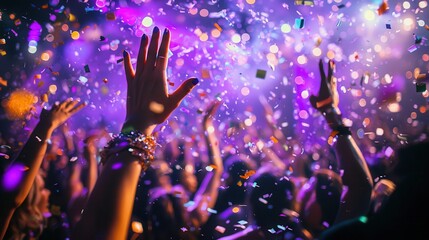 Close-up photo of many party people dancing with purple lights and confetti flying everywhere at a nightclub event, hands raised up, wearing shiny clothes