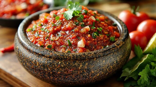 Traditional Indonesian chili sauce dishes spinning on table, generative ai