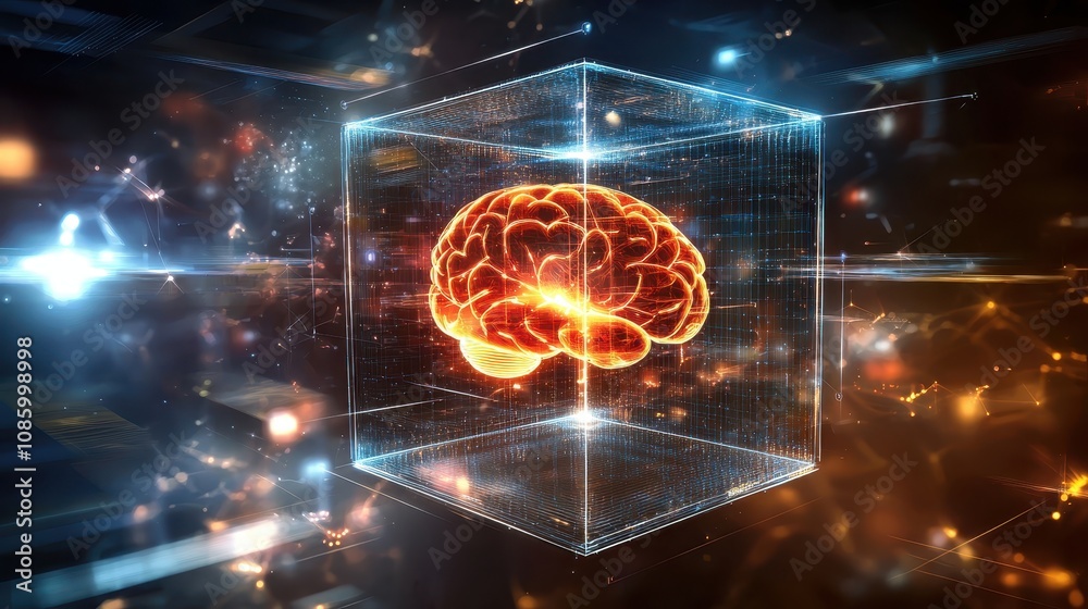 Poster futuristic visualization of an illuminated brain encased in a holographic cube representing advanced