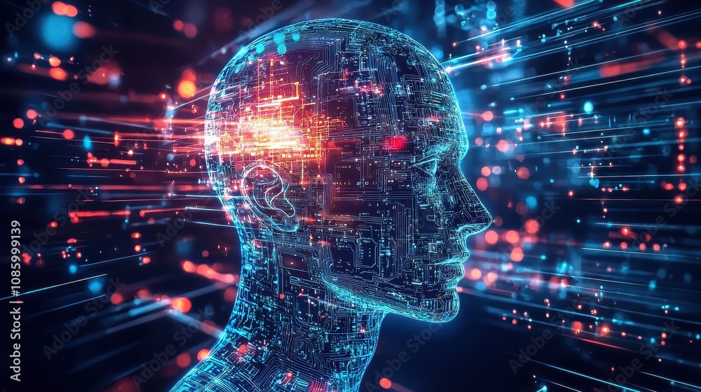 Poster futuristic concept of artificial intelligence with digital data flow representing human-like face in