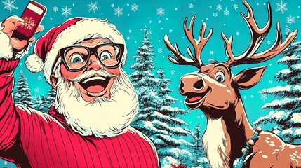 Cheerful Santa Claus and Smiling Reindeer Capture Holiday Spirit in Fun Winter Selfie - Perfect Poster for Festive Home Decor or Sports Area!