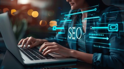 Enhancing Online Presence: Woman Utilizing SEO on Laptop