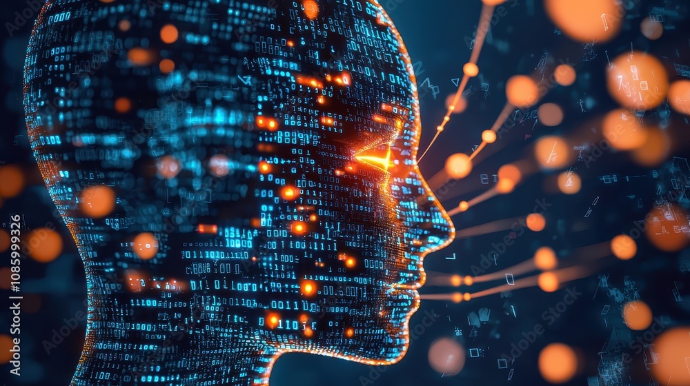 Poster futuristic digital human portrait with binary code background and glowing elements representing arti