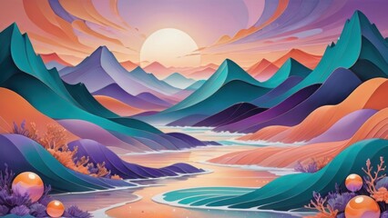 Dreamlike abstract landscape with vibrant layered mountains, flowing river, and colorful sunrise.