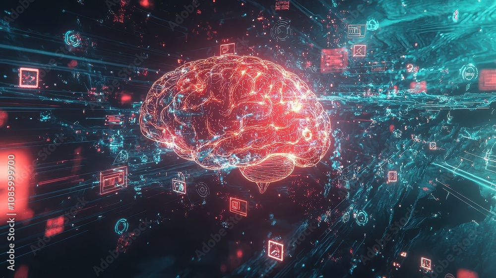 Poster conceptual representation of an abstract brain with data flow and digital connection in a futuristic