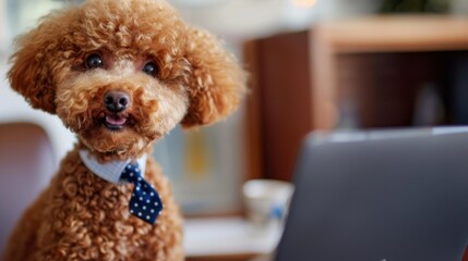 Toy Poodle Looking Dapper in a Tie at the Office for Take Your Dog to Work Day
