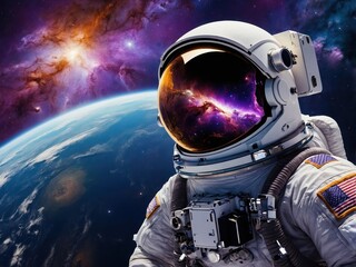 An astronaut floating in deep space, with Earth visible in the distance, surrounded by the vastness of space and stars, creating a sense of wonder