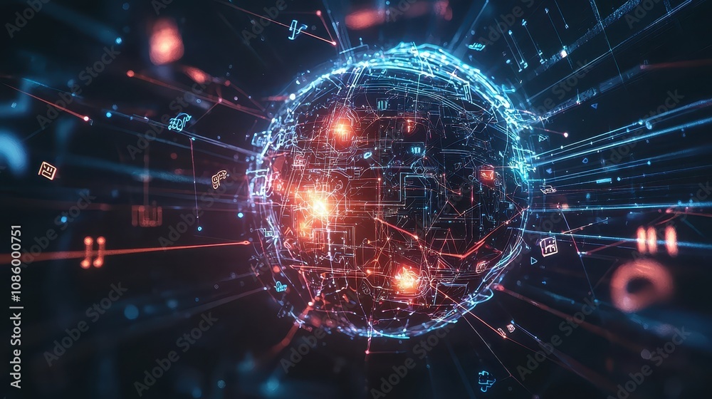 Poster Futuristic Digital Globe Representing Global Connectivity and Data Transfer with Glowing Particles and Complex Network Lines in a Dark Background
