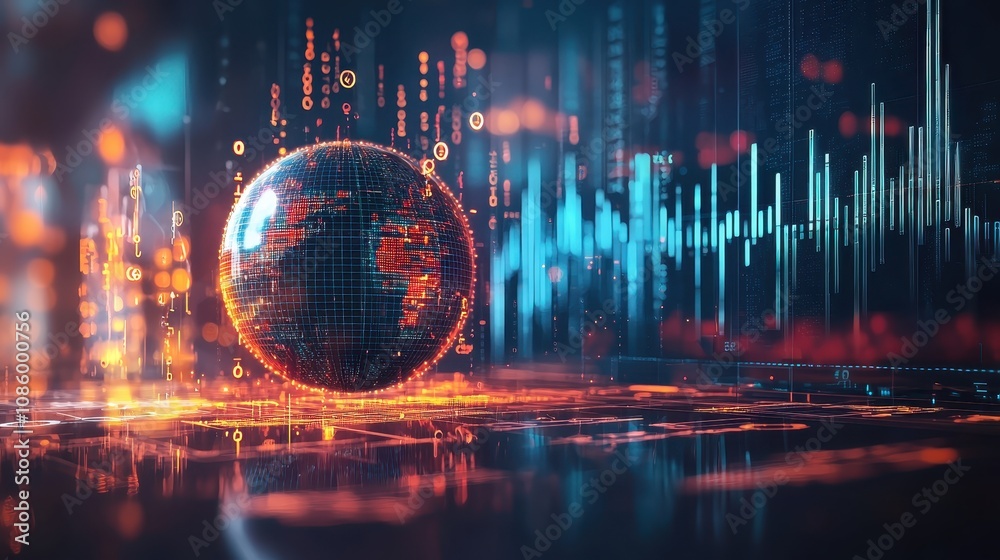 Poster futuristic digital globe with data visualization and abstract elements representing global connectiv