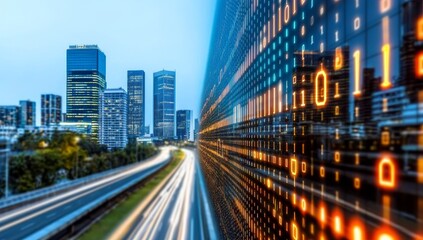 Fototapeta premium A Long Road of Glowing Red Data Points Leading to the City Skyline, Symbolizing an Immersive Digital Journey