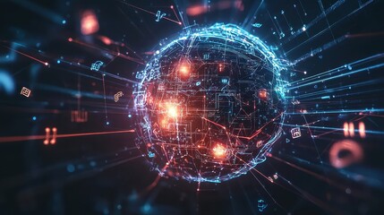 Obraz premium Futuristic Digital Globe Representing Global Connectivity and Data Transfer with Glowing Particles and Complex Network Lines in a Dark Background