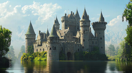 Naklejka premium Majestic medieval fortress with towers and windows surrounded by a serene lake and mountains in the distance