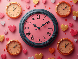 Exciting animated countdown graphics with bold, colorful designs including clocks, heart confetti, and countdown graphics in shades of blush pink, deep red, and gold