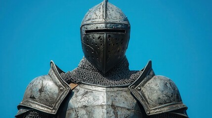 Historical Knight in Glimmering Armor Poses Heroically Under Clear Blue Sky, Symbolizing Chivalry, Valor, and Medieval Strength for Dynamic Storytelling