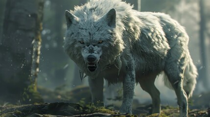 Fototapeta premium White wolf with sharp teeth snarling in the woods. Aggressive animal in the forest with fur and sharp claws. Concept of predator, nature and wildlife.