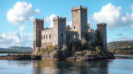 A stunning medieval fortress rises majestically from the water, surrounded by hills under a bright sky