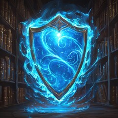 Fototapeta premium Enchanted Shield Illuminating a Mystical Library Surrounded by Bookshelves and Magical Elements in a Vibrant Blue Glow