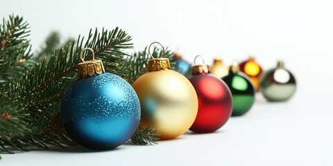 A row of Christmas ornaments sit next to a pine tree, perfect for holiday decorations or winter scenes