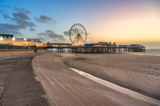Beautiful landscape of Blackpool beach at sunset. United Kingdom