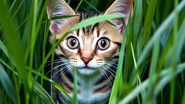 Curious Kitten in the Grass: A playful tabby kitten peeks out from a lush patch of green grass, its wide, curious eyes gleaming with mischief and adventure.  