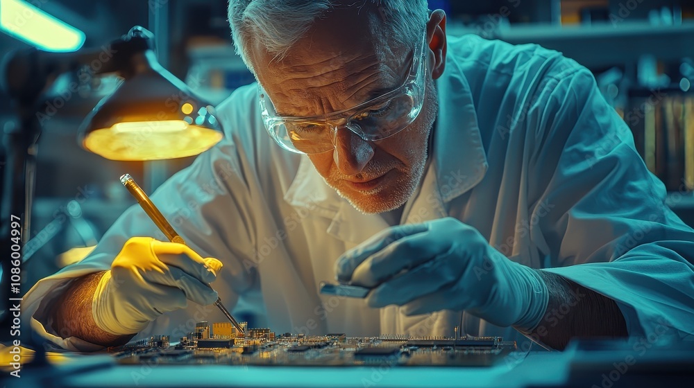 Poster detailed close-up of a focused scientist examining a microchip under a lamp in a high-tech laborator