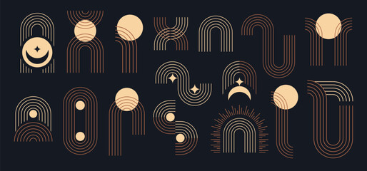 Line geometric arch and circle abstract shapes. Abstract minimal element mid century vector set. Aesthetic contemporary stripe line art, geometric shape, beige. For wall art, decoration, wallpaper.