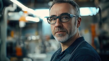 Obraz premium Thoughtful Middle-Aged Businessman with Glasses in Industrial Environment Reflecting on Challenges and Opportunities in Modern Manufacturing Workplace
