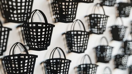 A collection of woven baskets hung neatly on a wall