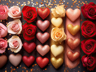 Festive virtual event backgrounds with bright designs including heart confetti, love-themed graphics, and roses in red, pink, and gold