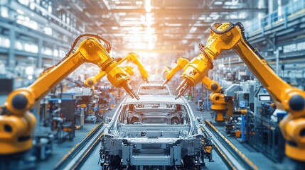 Robotic arms in a car plant, depicting advanced manufacturing and automation