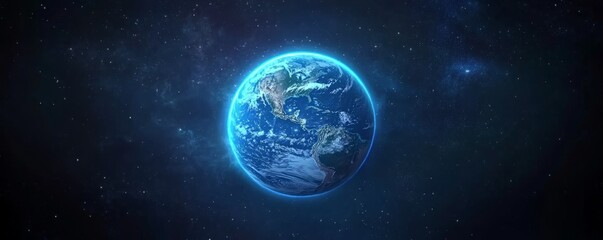 Naklejka premium 3D Rendering of Earth with Glowing Blue Light on Top and Stars in the Background