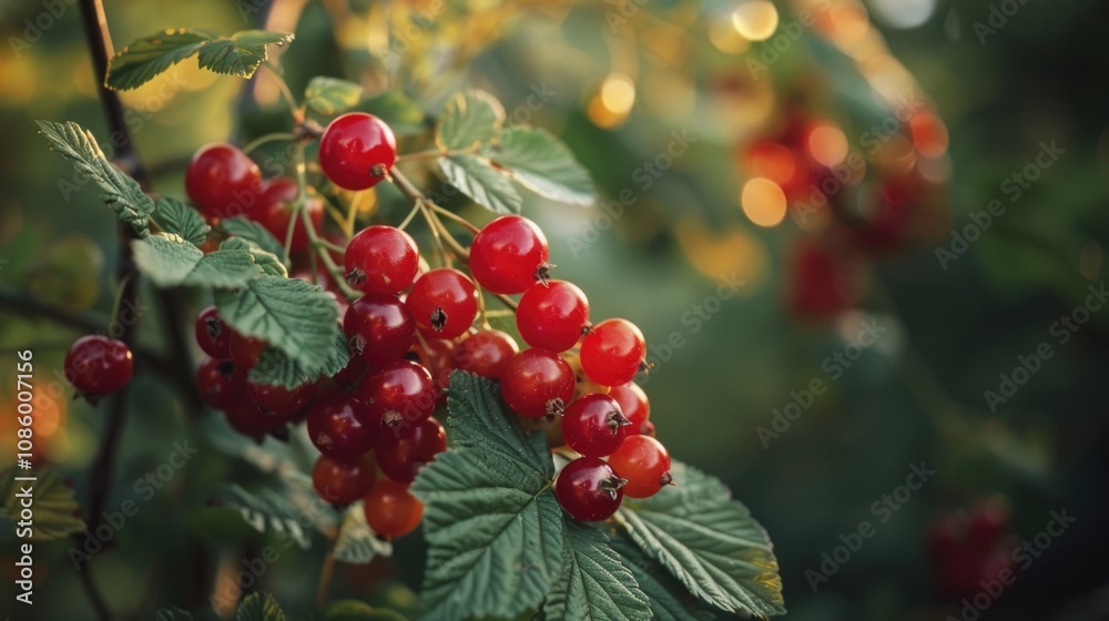 Poster fresh berries hang from the branches of a tree in a lush green environment