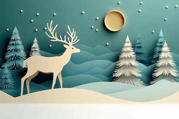 A whimsical paper art deer stands in a minimalist winter landscape, perfect for Christmas cards, winter greetings, or holiday decorations with ample text space.