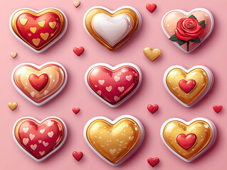 Fototapeta premium Fun digital stickers and emojis with bright and playful designs including hearts, roses, and romantic graphics in shades of red, pink, and gold