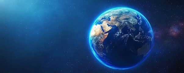 Obraz premium 3D Rendering of Earth with Glowing Blue Light on Top and Stars in the Background