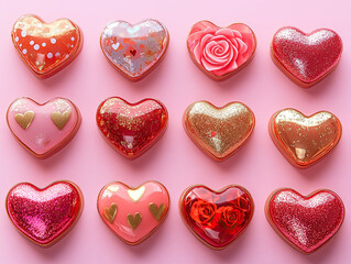 Fototapeta premium Fun digital stickers and emojis with bright and playful designs including hearts, roses, and romantic graphics in shades of red, pink, and gold