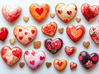 Fun digital stickers and emojis with bright and playful designs including hearts, roses, and romantic graphics in shades of red, pink, and gold