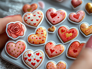 Fun digital stickers and emojis with bright and playful designs including hearts, roses, and romantic graphics in shades of red, pink, and gold