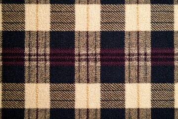 A close-up view of a classic plaid fabric featuring alternating squares of beige, navy, and burgundy, showcasing a timeless textile design.