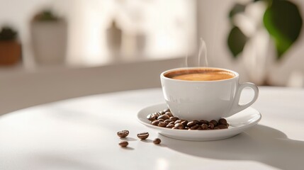 Fototapeta premium Hot espresso and coffee beans on a white table, with soft-focus and over light in the background