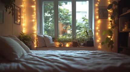 A cozy bedroom with fairy lights and a window seat overlooking a garden.