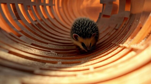 Hedgehog in Tunnel: A curious hedgehog explores the narrow confines of an orange ceramic pipe, its spiky exterior and small eyes illuminating the confined space.  The soft.