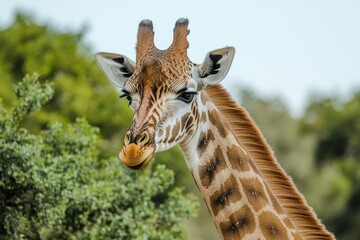 A close-up view of a giraffe's face with trees visible in the background
