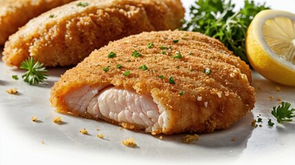 Close-Up of Sliced Golden Chicken Schnitzel on White Background