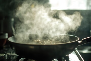 A close-up shot of a frying pan on a stove with steam rising from the pan